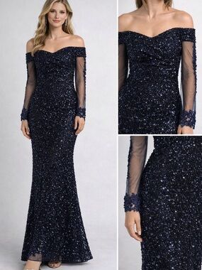 Dalia MacPhee Midnight Blue Embellished Off-Shoulder elegant evening Gown